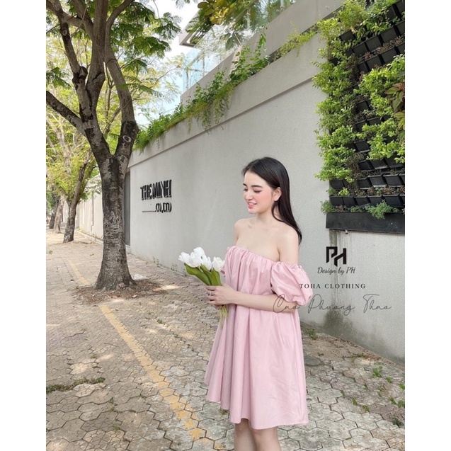 Đầm trễ vai tay bồng dáng xuông bầu bì bon chen đều được