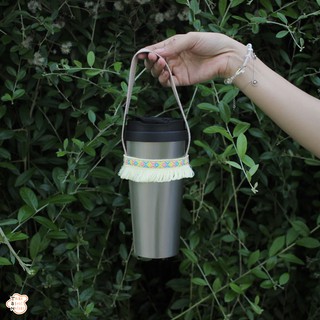Quai vải dân tộc hoạ tiết thổ cẩm viền tua rua vàng chanh/ Quai xách ly giữ nhiệt, ly trà sữa/ Eco friendly cupholder