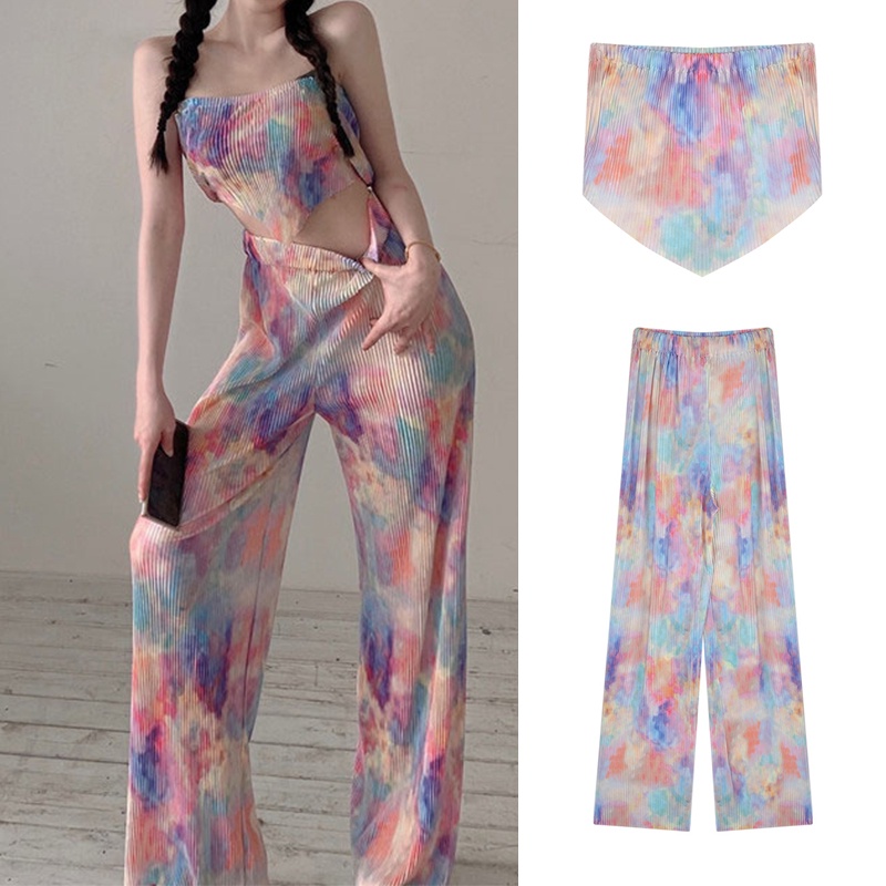 Bộ trang phục mùa hè 2 món dành cho nữ có áo ống lửng không dây in họa tiết Tie-Dye gợi cảm + quần cạp cao (có bán lẻ)