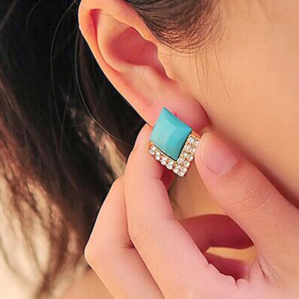 Đôi bông tai hình vuông phối đính đá thời trang cho nữ