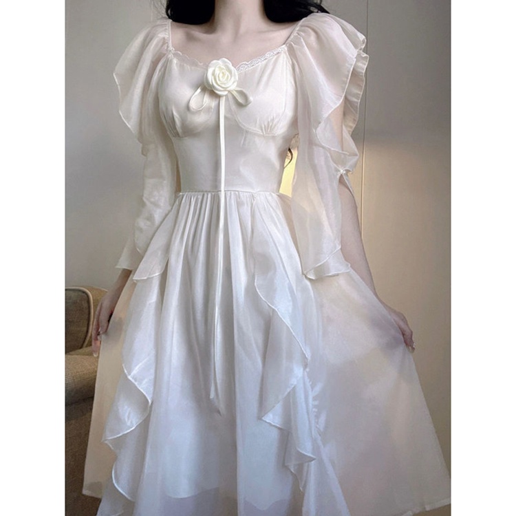 Đầm Chiffon Phối Bèo Màu Trắng Thời Trang Mùa Hè Cho Nữ