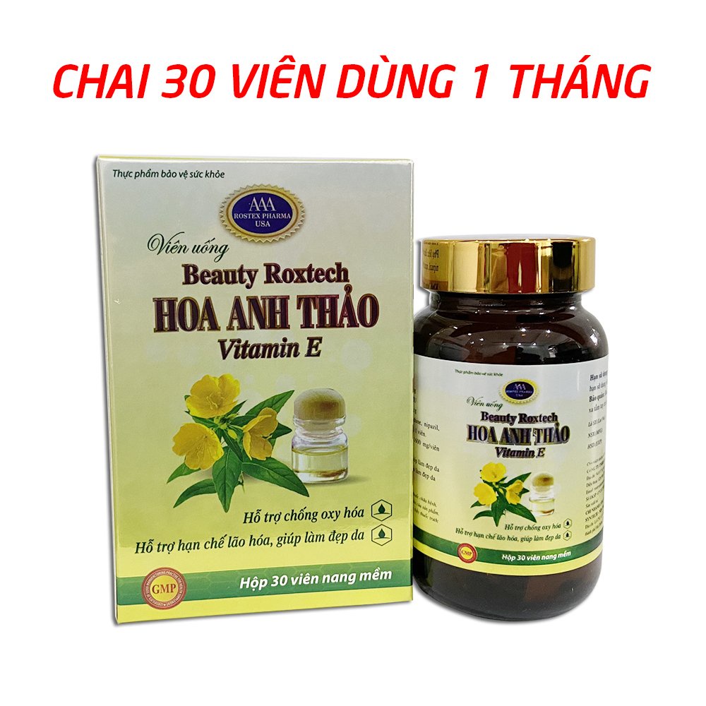 Viên uống dầu hoa anh thảo 1000mg, vitamin E giúp đẹp da, chống lão hóa - 30 viên [Beauty Roxtech Hoa Anh Thảo]