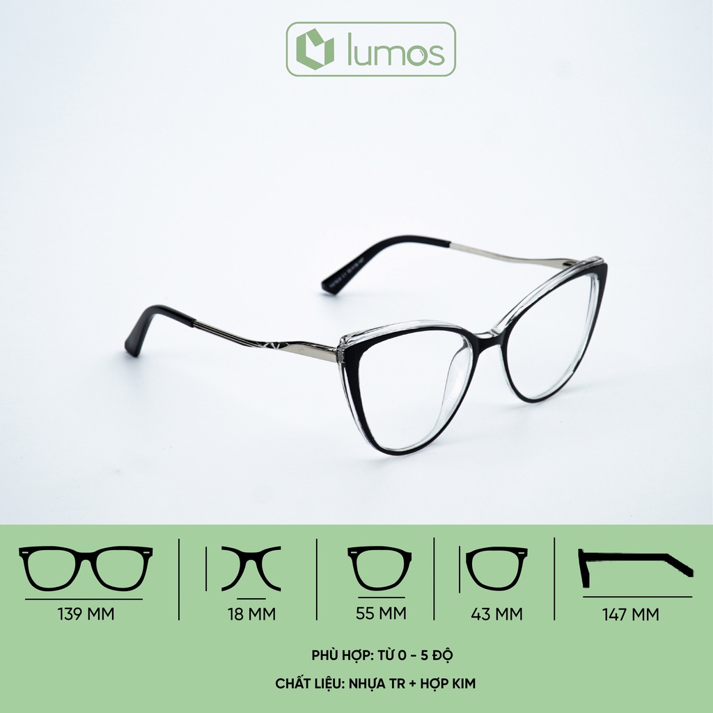Gọng kính nữ mắt mèo giả cận nhựa TR chắc chắn màu sắc thời trang cao cấp Lumos 7820