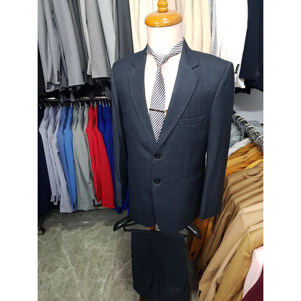 Bộ vest nam 2 nút màu xanh đen form suông tặng kèm cà vạt kẹp