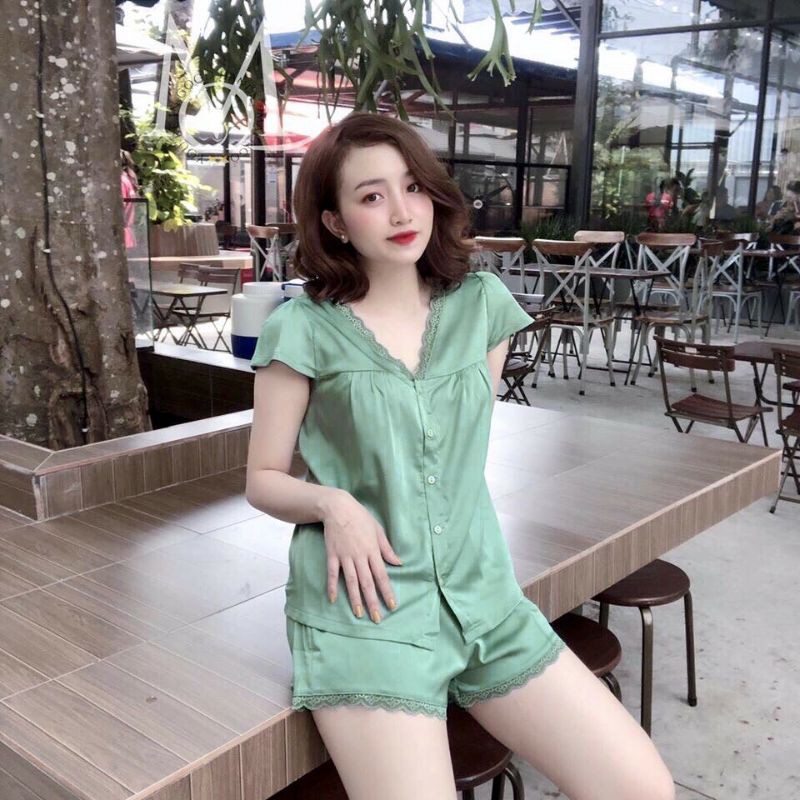 ( có túi quần) Bộ ngủ lụa satin đùi phối ren babydoll | BigBuy360 - bigbuy360.vn