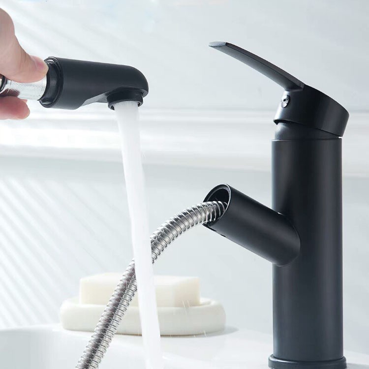 Vòi lavabo nóng lạnh dây kéo rút inox 304 cao cấp màu đen sang trọng tiện dụng, siêu bền - QM0047