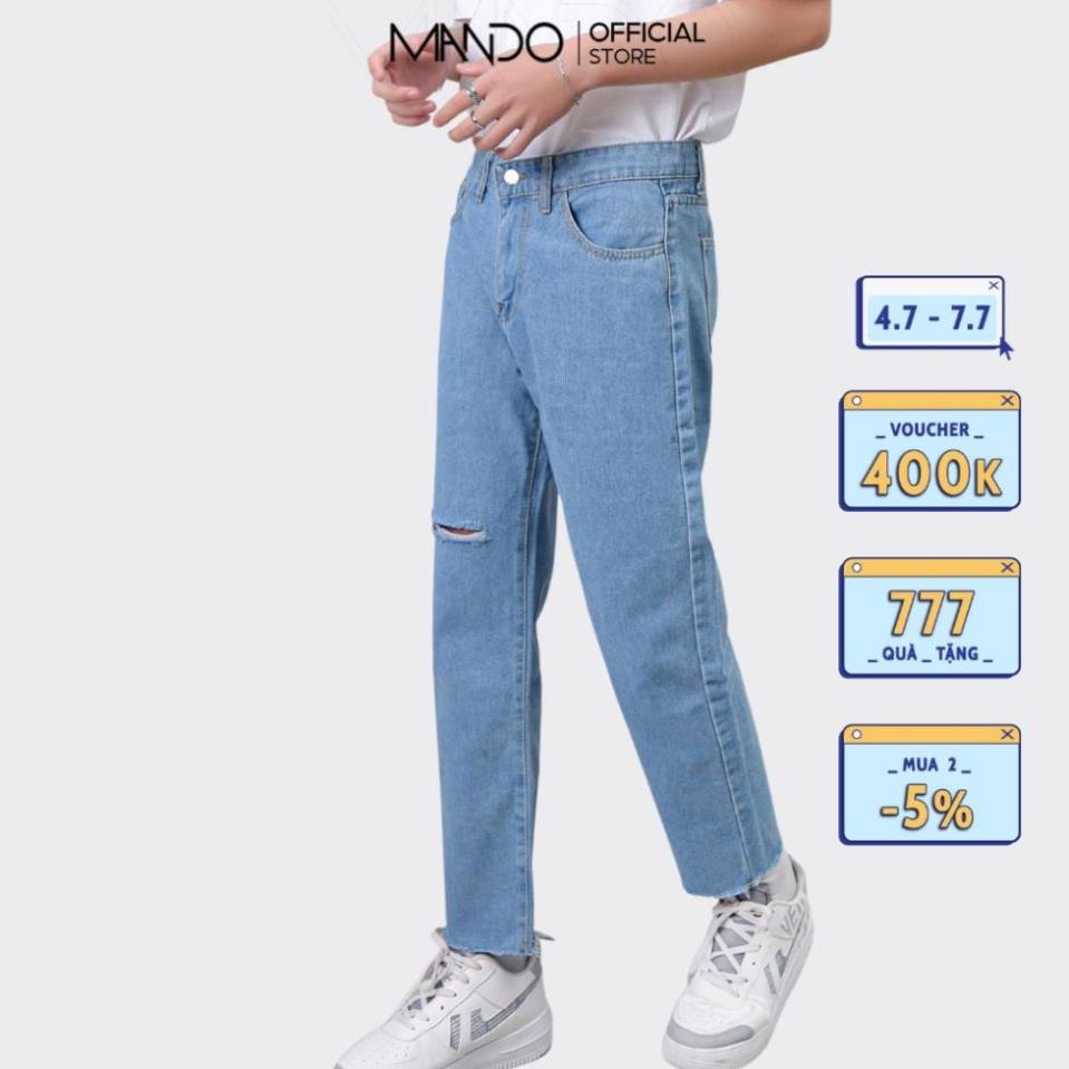 Quần Jean Nam Rách Gối MANDO Vải Bò Cao Cấp 2 Màu Xanh Đen Form Suông Rộng Basic Unisex Thời Trang Hàn Quốc QJN056 ! -