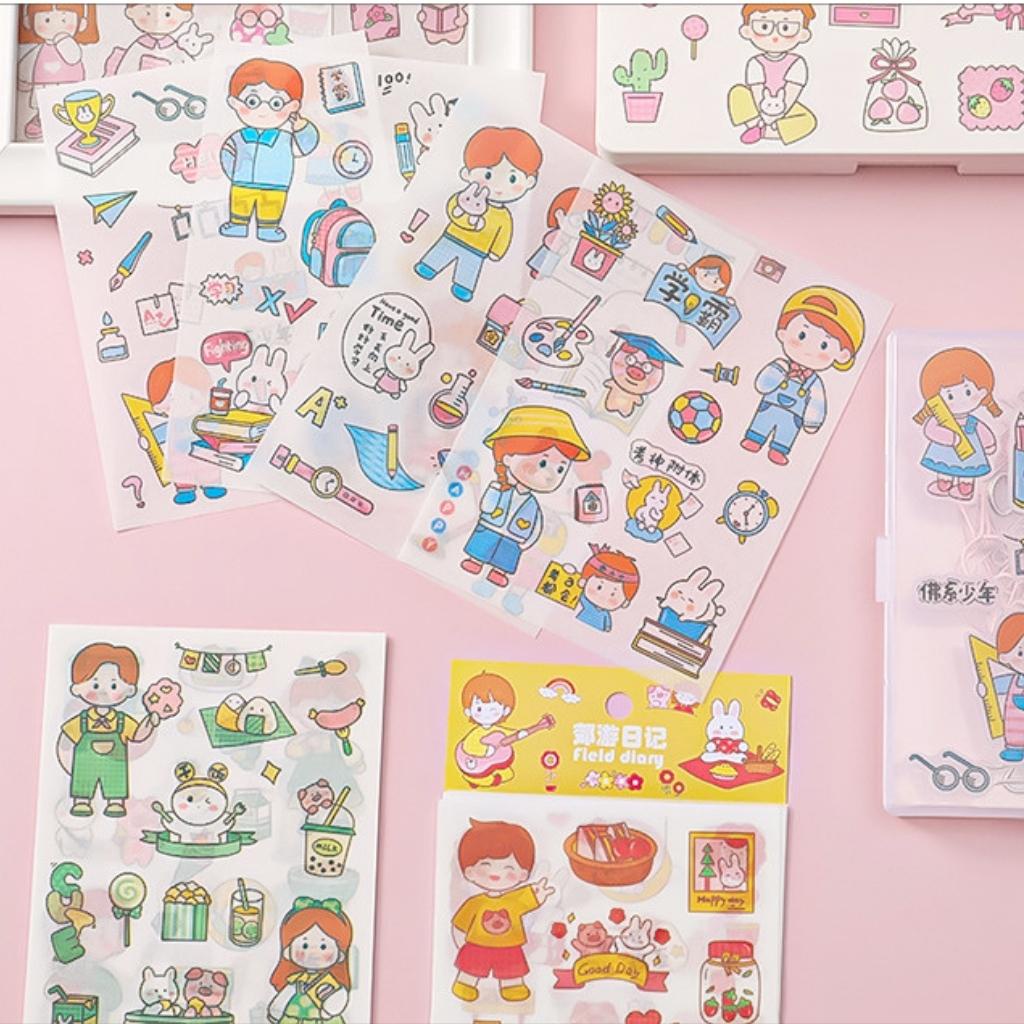 Hình Dán Sticker Cute Cho Bé EDUSKY Nhãn Dán Phút Giây Hạnh Phúc Set 4 Tấm Trang Trí Hộp Bút Sổ Tay Bàn Làm Việc Học Tập