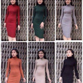 Váy body cổ lọ thun gân