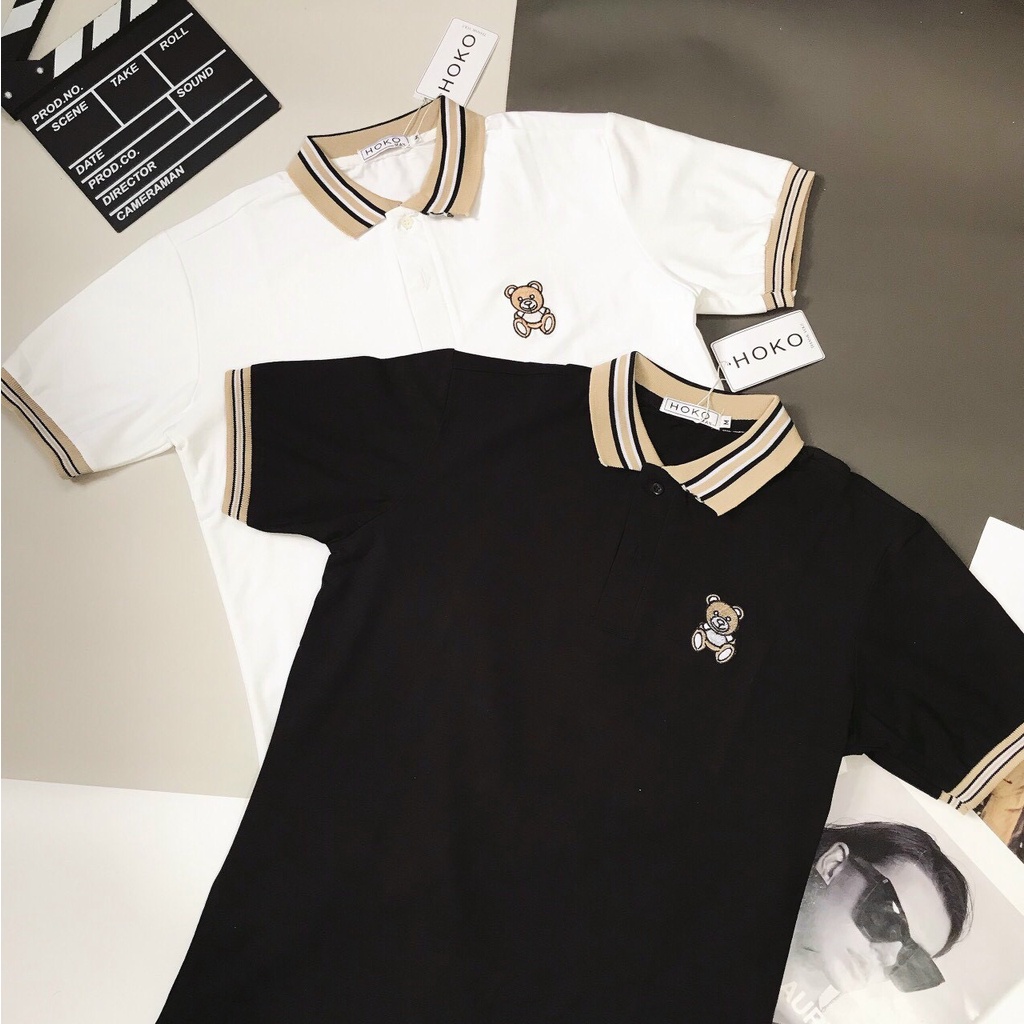 Áo thun nam cổ trụ tay ngắn phối cổ thêu ngực họa tiết gấu áo chất cotton thoáng mát thời trang mùa hè hot trend 2022