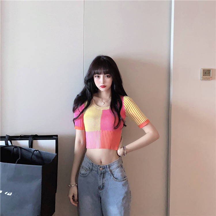 ☼♂✖Ins net màu đỏ hyuna phong cách ca rô bảy sắc cầu vồng áo sơ mi mỏng mảnh mai cắt may len ngắn tay thun nữ mùa