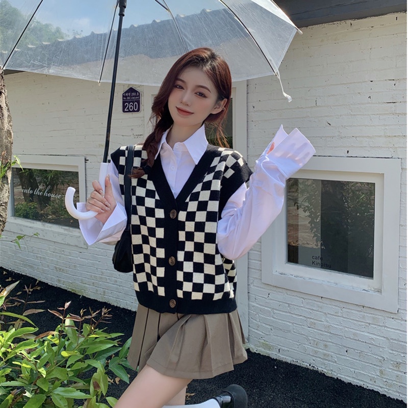 172907 |Màu Đen| Áo Len Không Tay Cổ Chữ V Họa Tiết Sọc Caro Dễ Phối Đồ