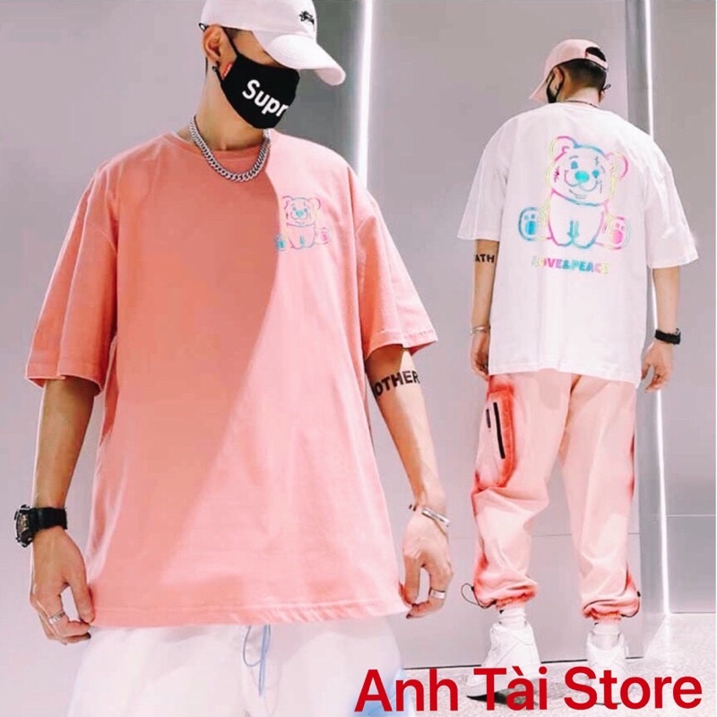 Áo thun tay lỡ phản quang phông Unisex nam nữ Cotton oversize đến 75Kg form rộng hình gấu Love & Peace AP 876 | BigBuy360 - bigbuy360.vn