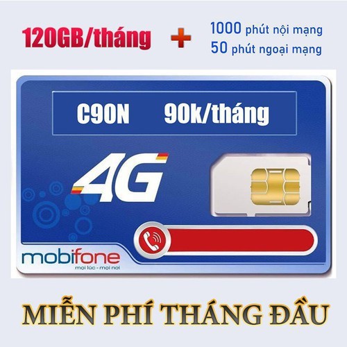 [Có Sẵn Tháng Đầu]  Sim 4G Mobifone C90N Tặng 120Gb Miễn Phí 1000 Phút Gọi Nội Mạng, 50 Phút Ngoại M