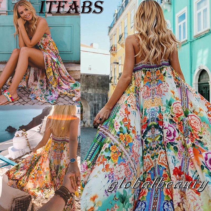 Đầm maxi hở lưng họa tiết hoa phong cách boho thời trang cho nữ