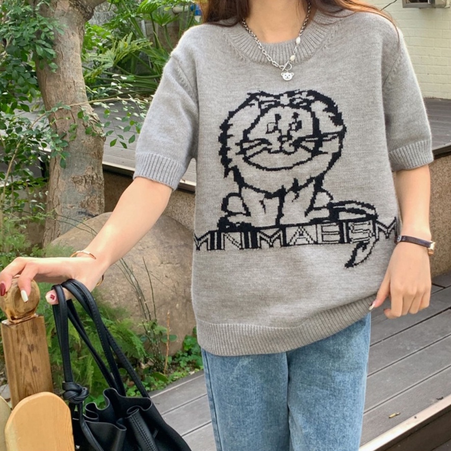 ZHELIHANGFEI Áo len dệt kim thêu ngắn tay áo ngắn tay kiểu dáng rộng rãi đa năng