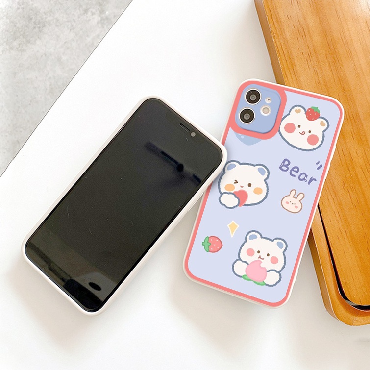 Ốp iphone - Ốp lưng iphone cạnh vuông viền camera Gấu dâu tây dành cho ip 6 đến 14promax - ng028