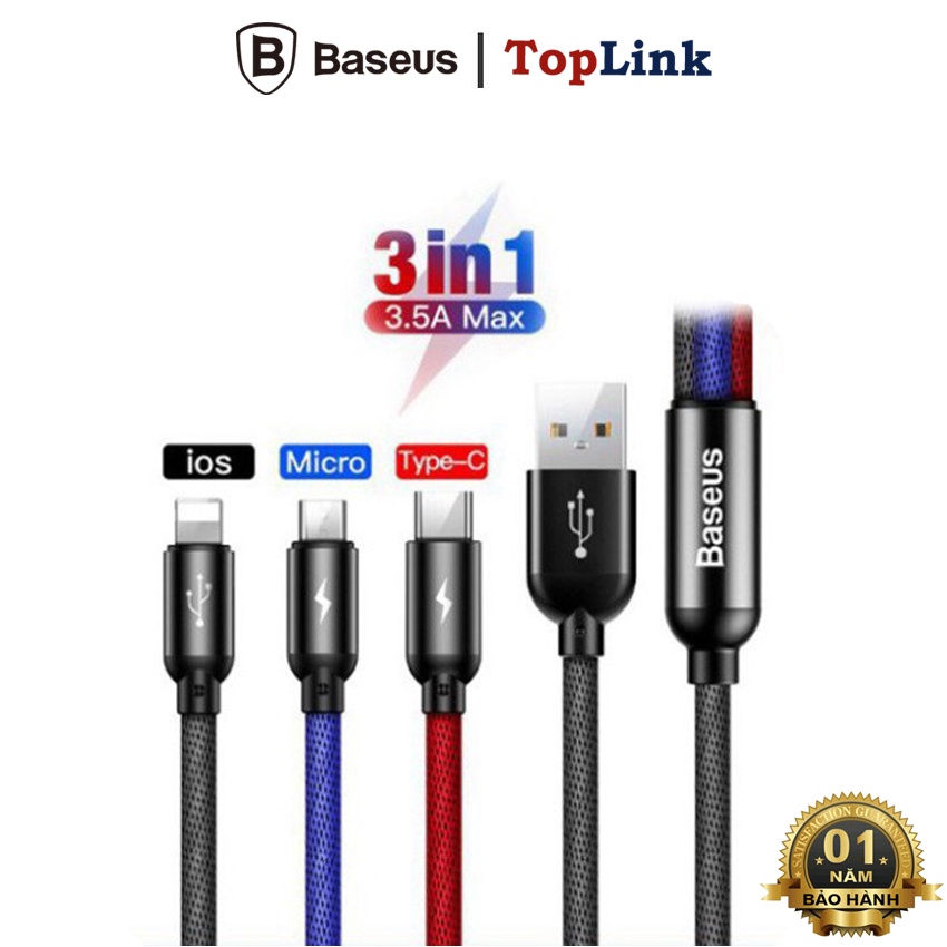 Cáp Sạc Đa Năng BASEUS 3 Đầu-Microusb-Type-C Dài 30cm/120cm Sạc 3 Thiết Bị Cùng Một Lúc Công Suất 3.5A