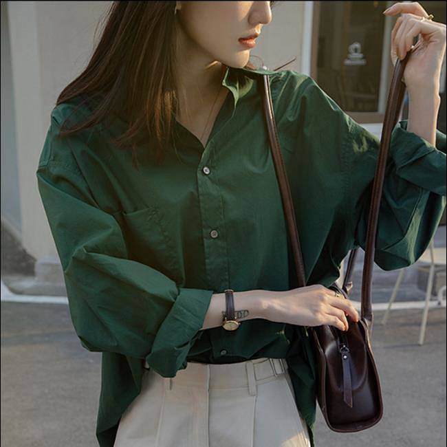Áo sơ mi dài tay màu trơn phong cách Hồng Kông retro thanh lịch cho nữ