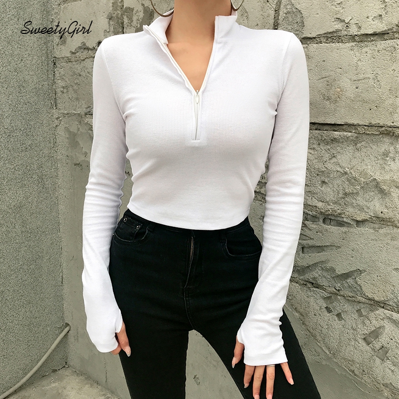 SweetyGirl Women Polo Shirt Fashion Solid Color High Collar Zippered Long Sleeves Slim Fit Casual All Match Tops | BigBuy360 - bigbuy360.vn