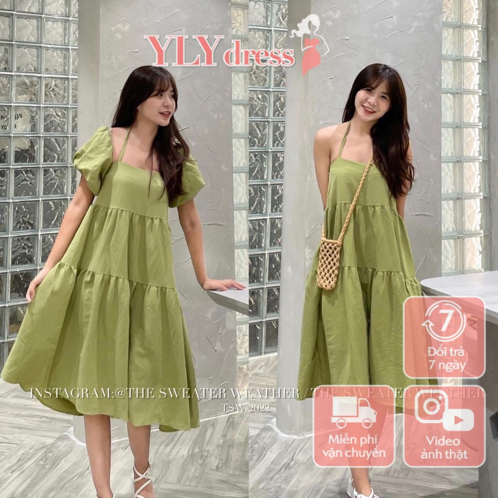 Váy đầm nữ 2 dây yếm trễ vai cổ vuông dáng babydoll chất đũi dáng suông phom rộng màu đen xanh cốm trắng C972