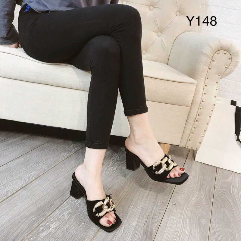 Giày nữ, giày cao gót nữ quai phối xích gót vuông đẹp, chất, dễ thương, xinh xắn, giá rẻ màu đen