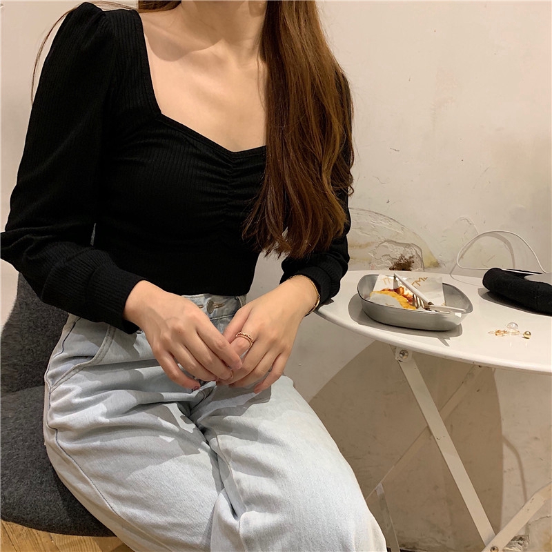 SUXI Áo thun tay dài màu trơn phong cách Hàn Quốc