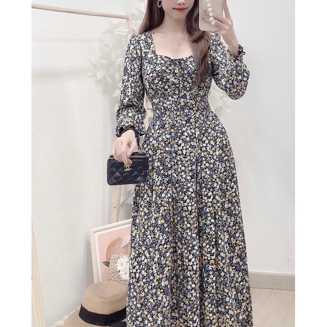 Đầm maxi dáng dài cổ vuông dài tay dày dặn