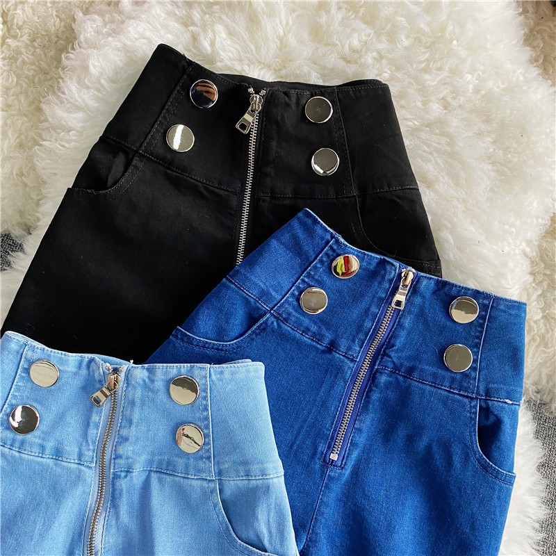 Quần short denim dây kéo cạp cao