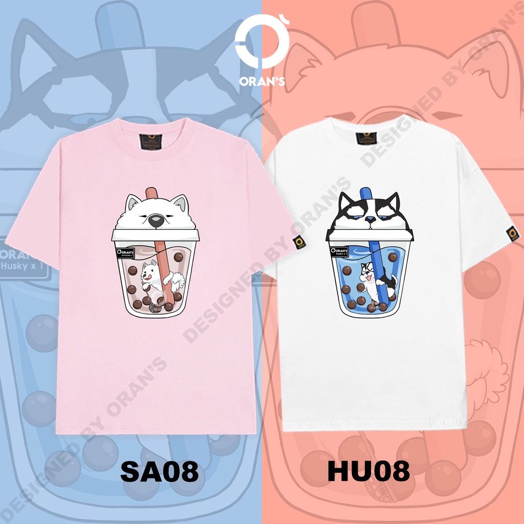 Áo thun Couple Tee trà sữa chó mèo nam nữ tay lỡ Oversize chất COTTON 4C, FULLBOX - ORAN'S TEE - Chó Husky và Samoyed