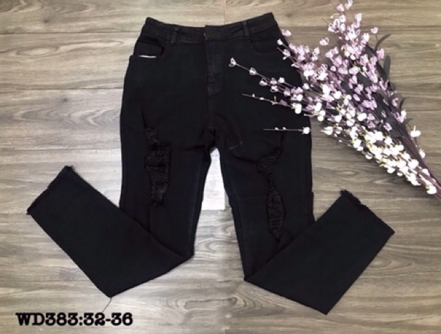 Bigsize 30-42 quần jean dài màu đen rách gối (co giãn)