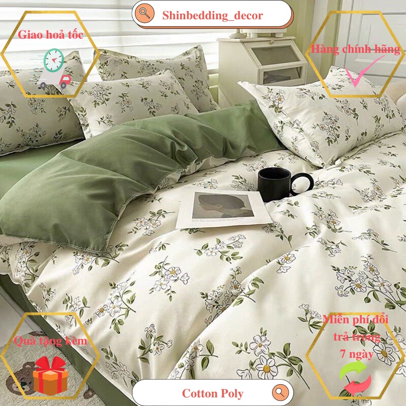 Set Chăn Ga Cotton Poly hoa nhí trắng ga xanh đẹp độc lạ Shinbedding.shop