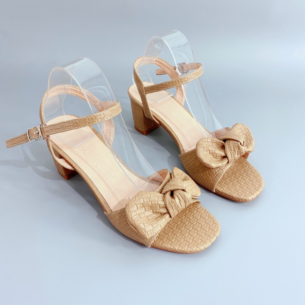 Giày sandal cao gót nữ 7cm GÓT XINH GD17 quai phối nơ đế trụ vuông