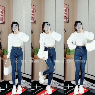 Set jeans dài co giãn trơn + set 2 món croptop petter