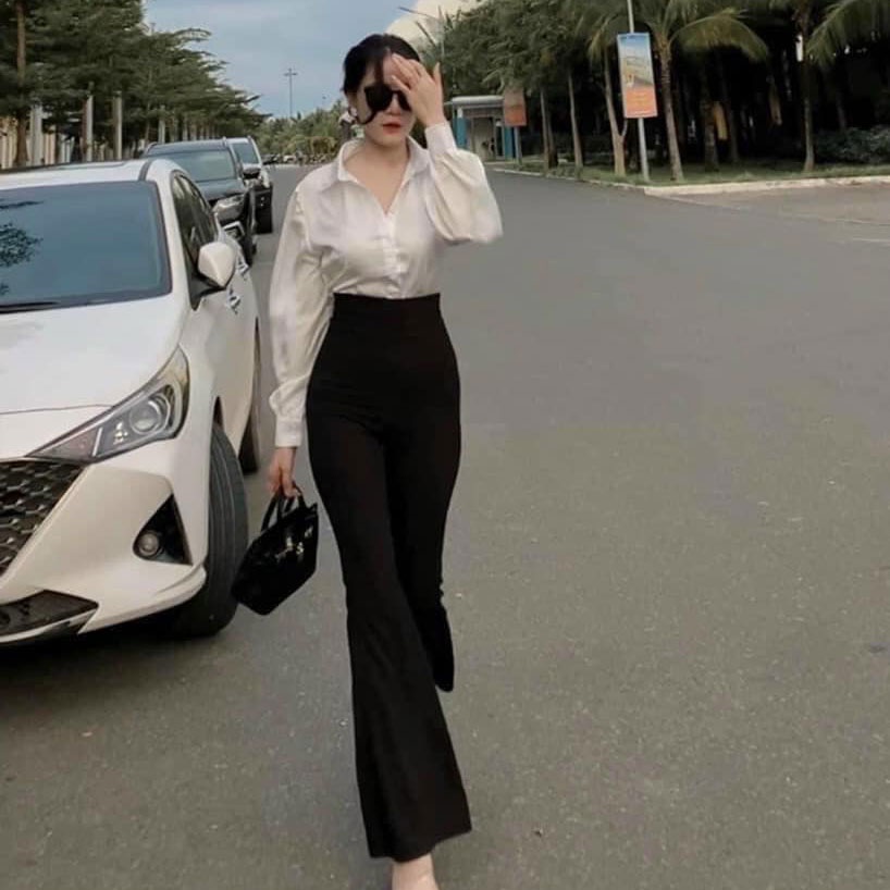 Quần Loe Thun Nữ, quần ống loe lưng cao Cotton co giãn L75