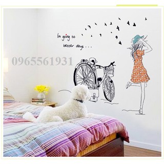 Decal dán tường cô gái bên xe đạp MJ7008