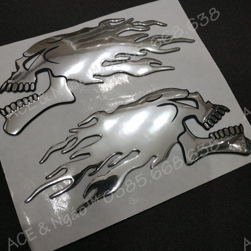 Cặp tem dán xe hình đầu lâu lửa pvc dẻo 14x6cm | BigBuy360 - bigbuy360.vn