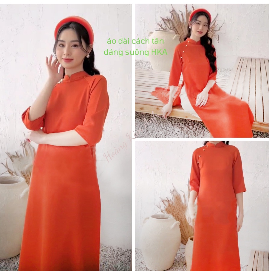 Áo dài cách tân nữ dáng suông xưa 2 tà, áo dài thiết kế, chất lụa tây thi ánh nhẹ, mềm mịn có Bigsize Xanh Cốm và Đỏ Cam