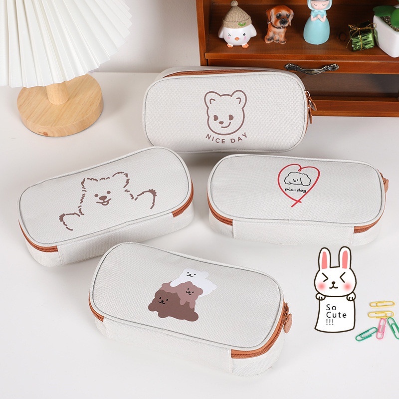 Túi Đựng Bút Vải Canvas Cỡ Lớn Hoạ Tiết Hoạt Hình Phối Khóa Kéo Dễ Thương Cho Học Sinh