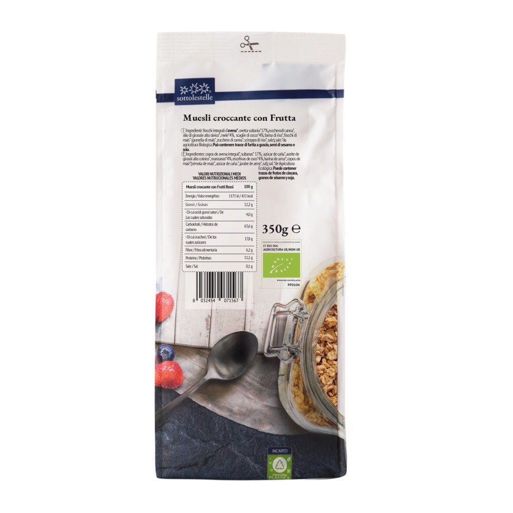 Ngũ cốc giòn Muesli mix Berry hữu cơ Sottolestelle Organic Crunchy Muesli mix berries 300g
