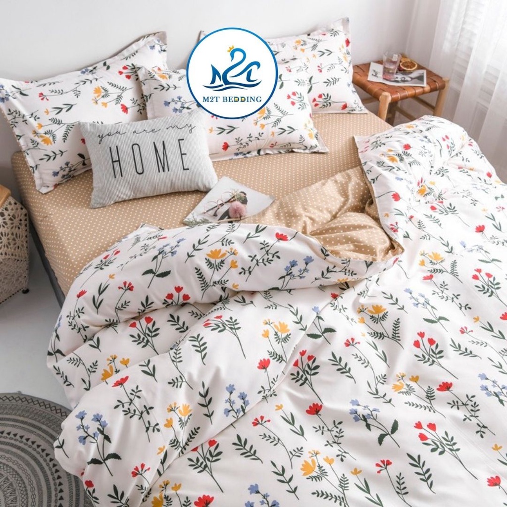 Bộ chăn ga gối Cotton poly M2T bedding Vườn nhỏ, vỏ chăn mền, drap nệm và 2 vỏ gối