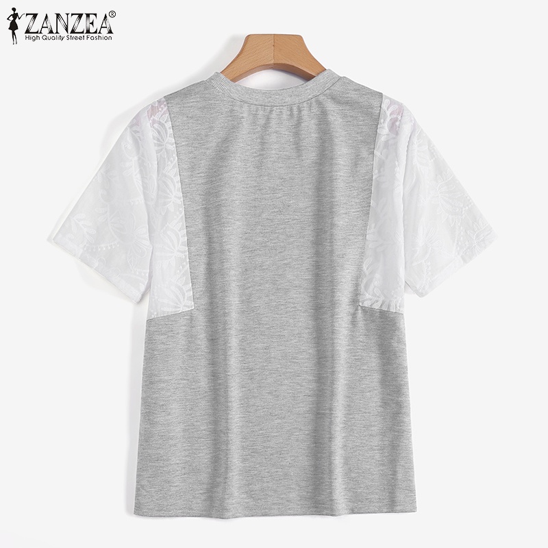 ZANZEA Women Lace Short Sleeve Contrast Color Round Neck Blouse