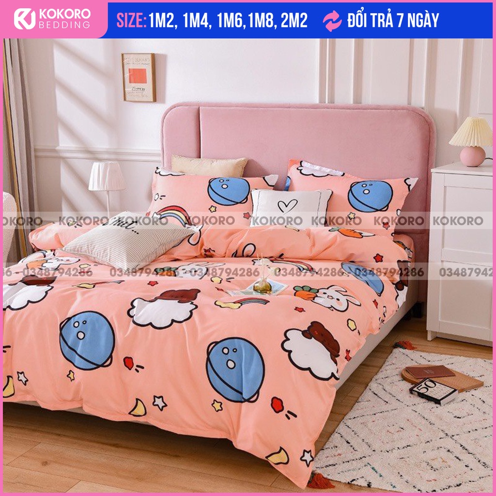 Ga Nệm Trải Giường Poly Cotton Kokoro-Bedding Drap Giường Mẫu Vũ Trụ Cam Đủ Kích Thước Kèm 2 Vỏ Gối (Ảnh Thât)