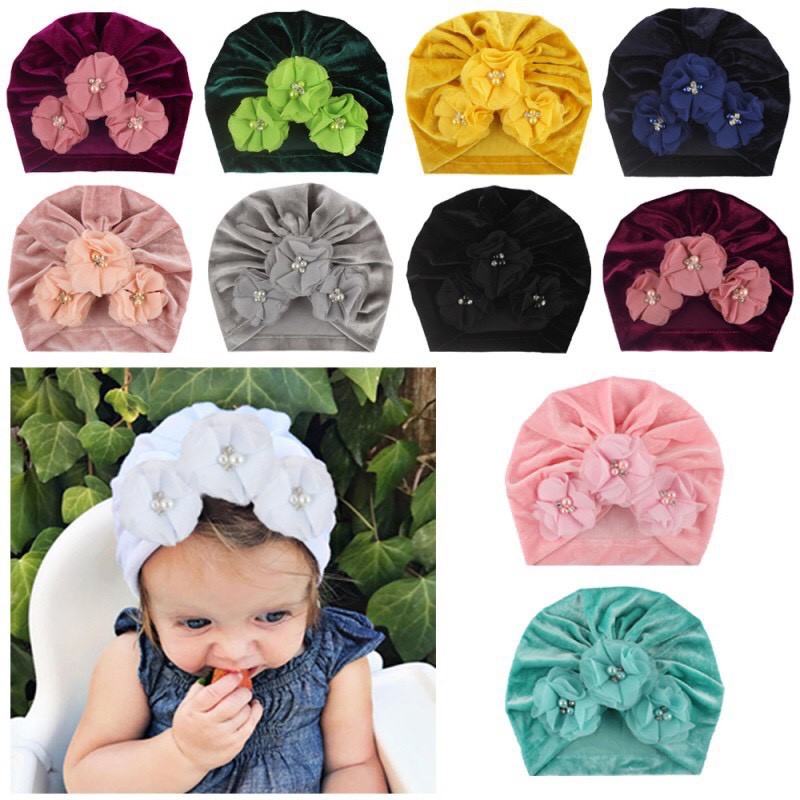 Mũ turban 3 hoa vải nhung cực yêu cho bé(3-24 tháng)