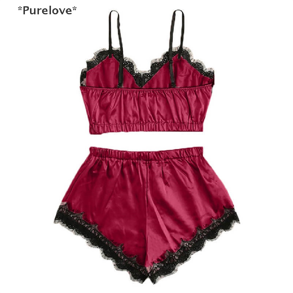 Bộ Đồ Ngủ Áo Hai Dây Phối Ren + Quần Short Vải Satin Quyến Rũ Cho Nữ