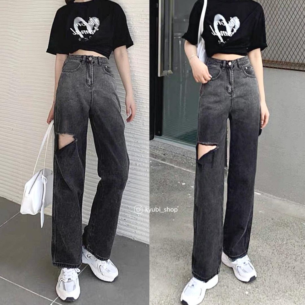 Quần jean nữ ống suông xám khói loang phong cách Streetyle (Có Bigsize) - Baggy Jeans ống rộng Kyubi TDY58