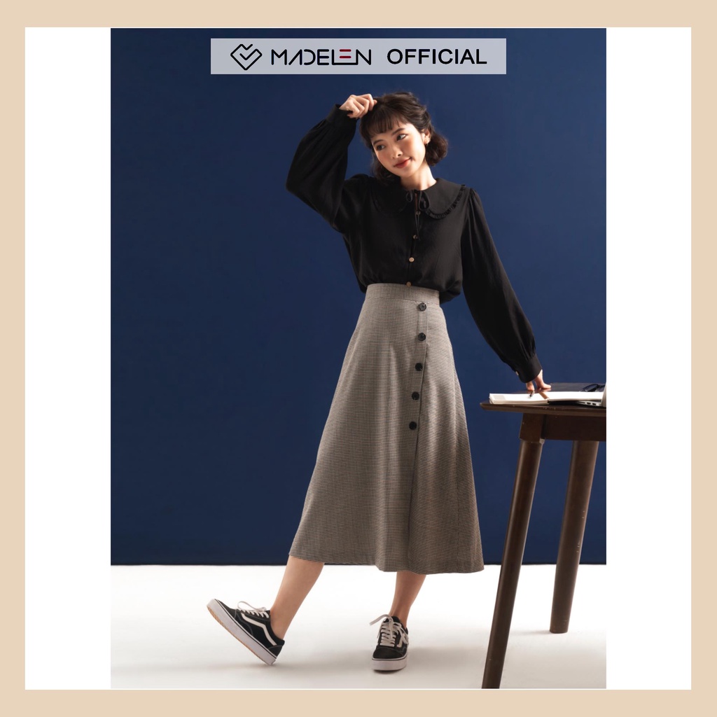 Chân váy kẻ xòe dáng dài nữ MADELEN khuy lệch