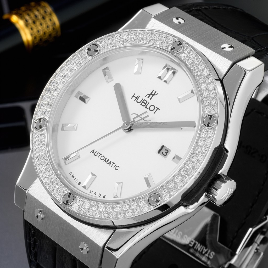 Đồng hồ nam Hublot máy cơ automatic mặt tròn đính viền đá chống nước cao cấp DH8803