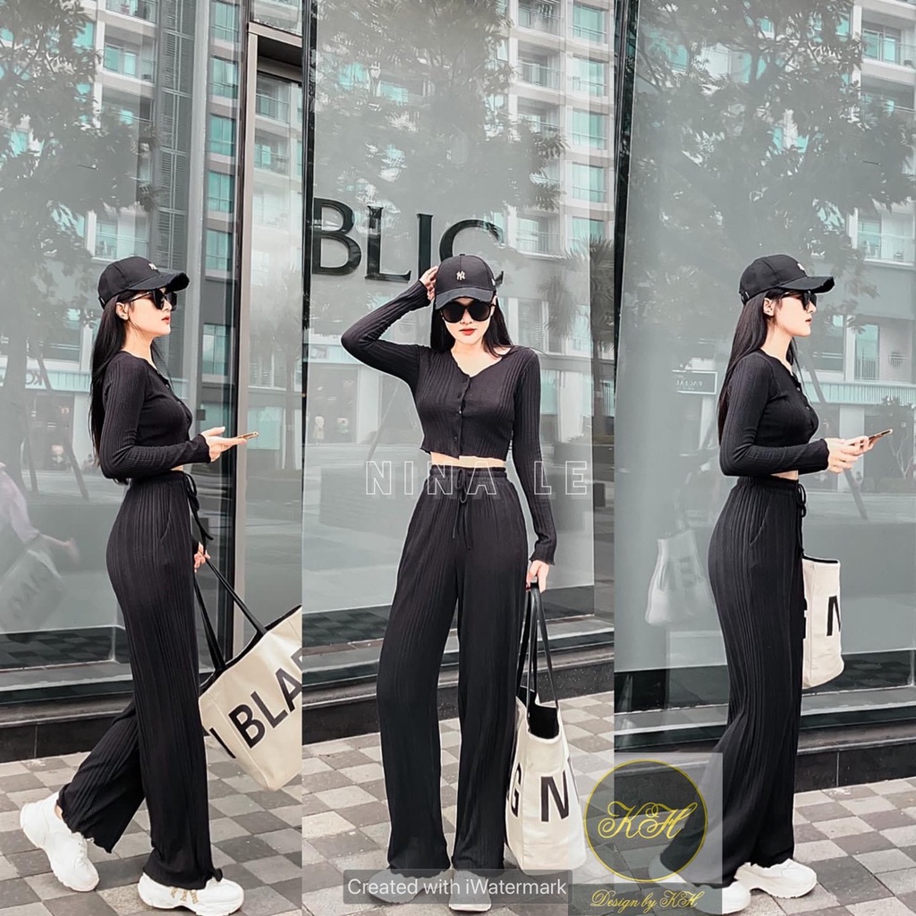 Set Áo Croptop Dài Tay Mix Quần Ống Rộng Chất Len Gân Dày Dặn Phong Cách Sexy