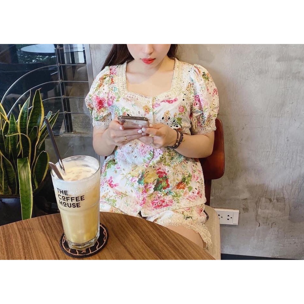 SET ÁO + QUẦN HOA PHỐI REN - HỒNG - ST0553